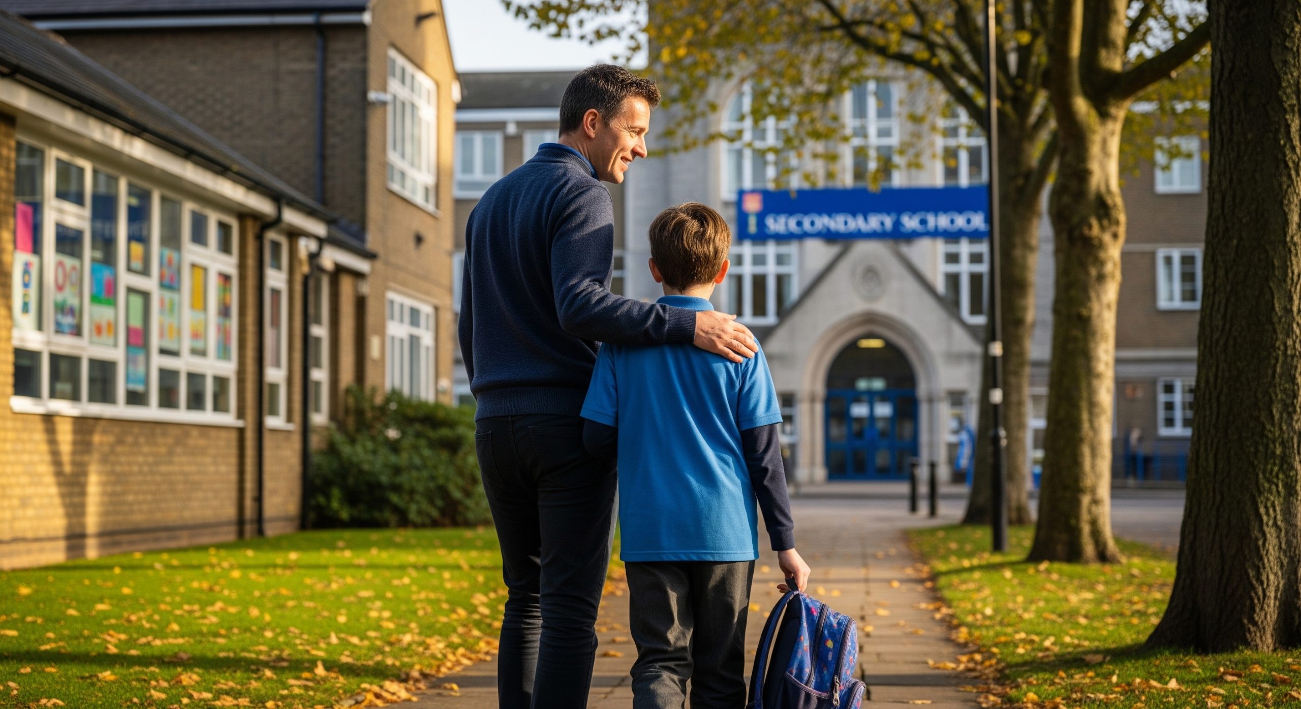 Vader legt een hand op de schouder van zijn zoon op weg van de basisschool naar de middelbare school