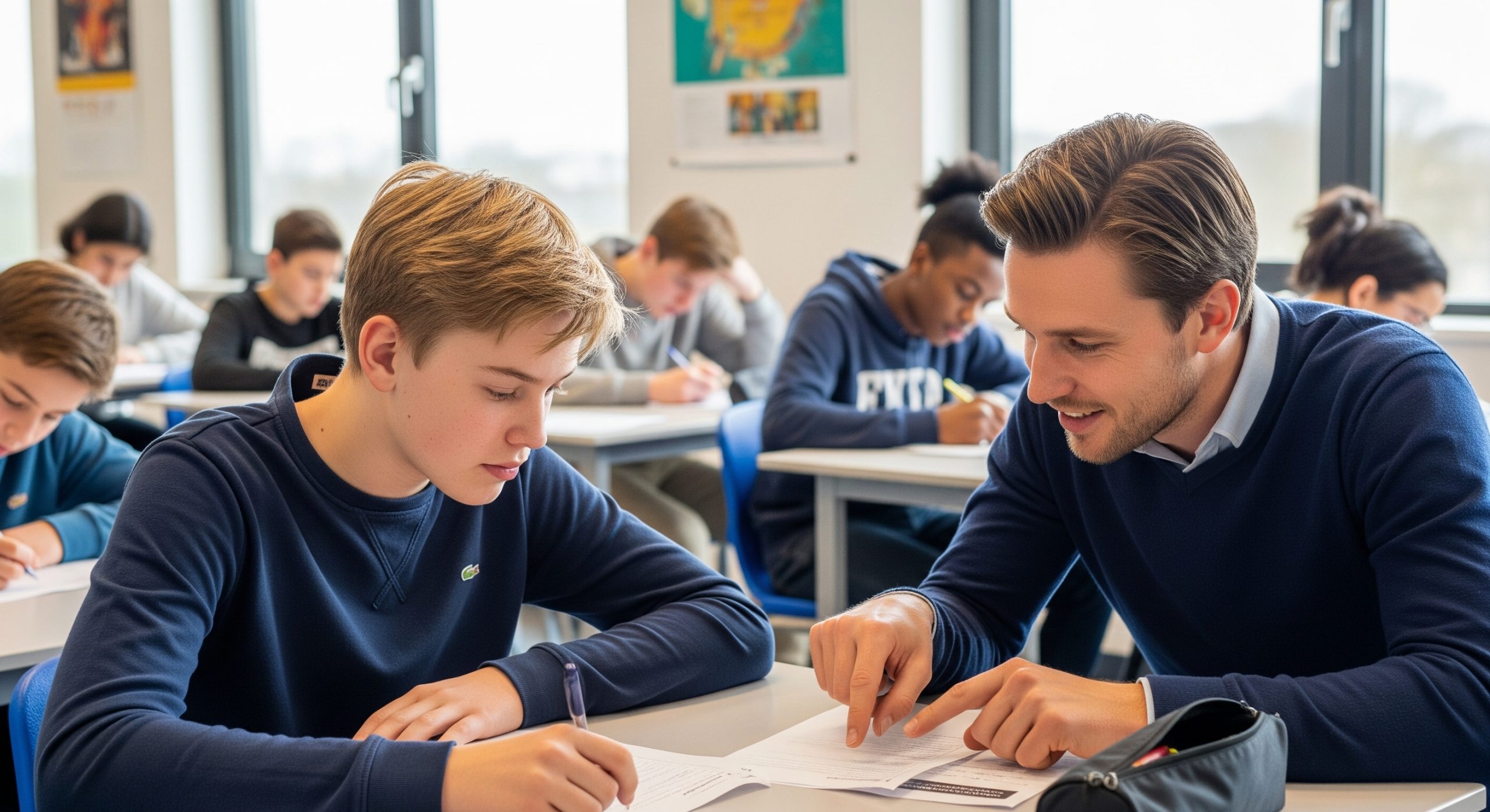 Docent legt een leerling iets uit in een klaslokaal voor het speciaal voortgezet onderwijs